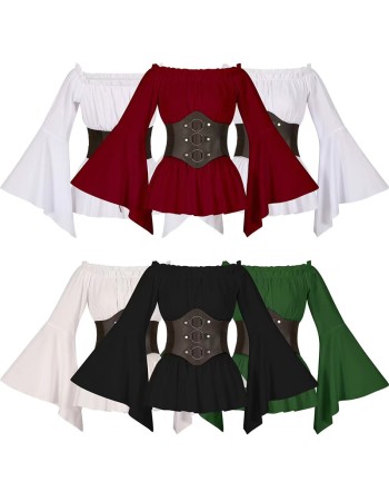 Women's Renaissance Long Sleeved Pleated Waist Bohemian Pirate Shirt Belt SM3024