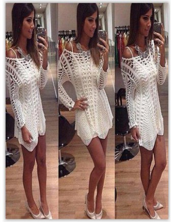 Sexy Long Sleeve White Crochet Fringe Tops M30048