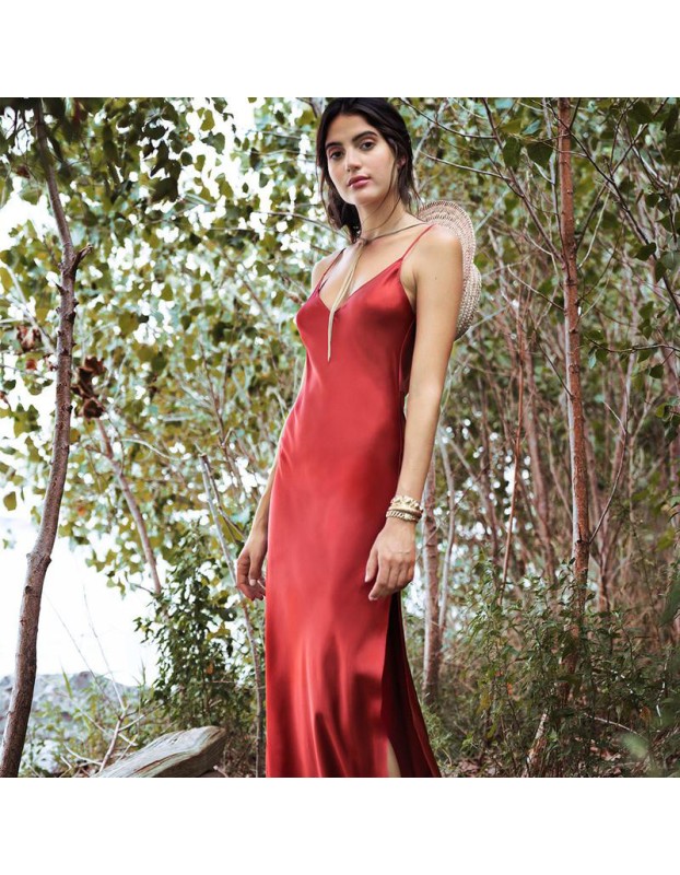 Sexy Split Satin Spaghetti Strap V Neck Long Dress M8391