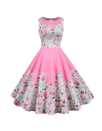 Sleeveless Pleated Pink French Retro Female Printing Dress JY15102