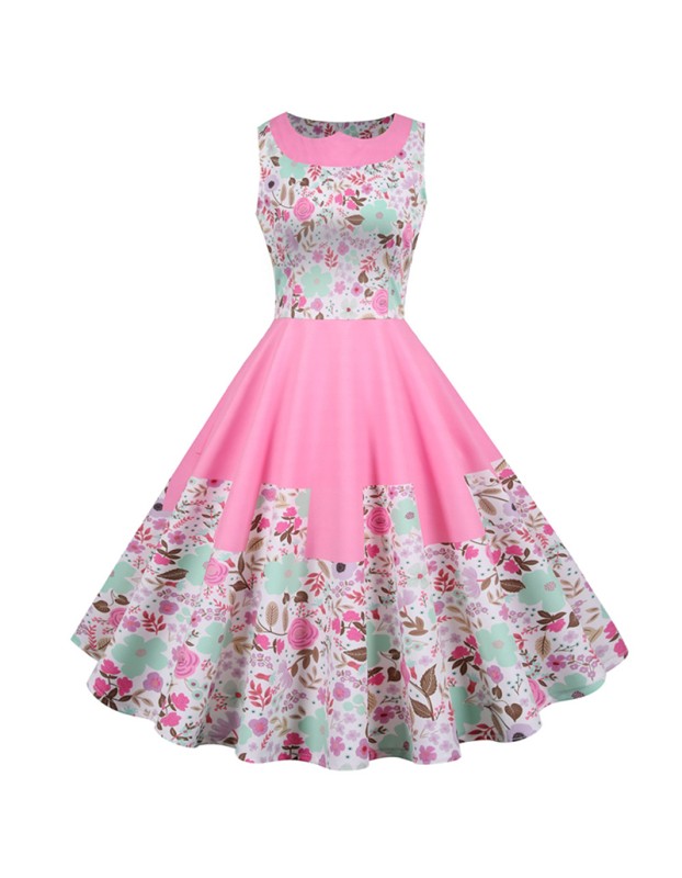 Sleeveless Pleated Pink French Retro Female Printing Dress JY15102