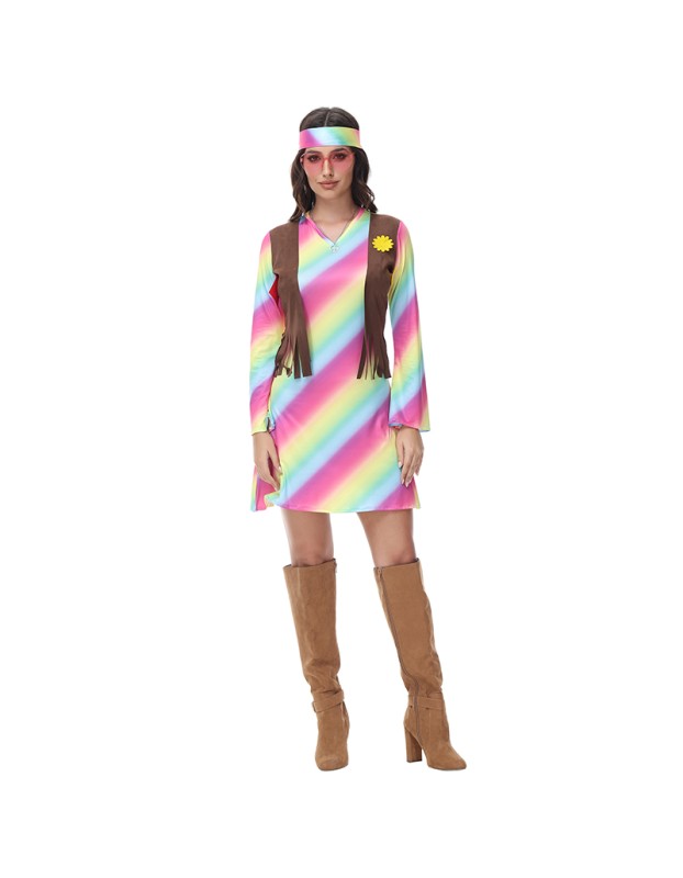 Sexy Halloween Gradient Striped Skirt Long Sleeve Cosplay Indian Dress Costume MS1781