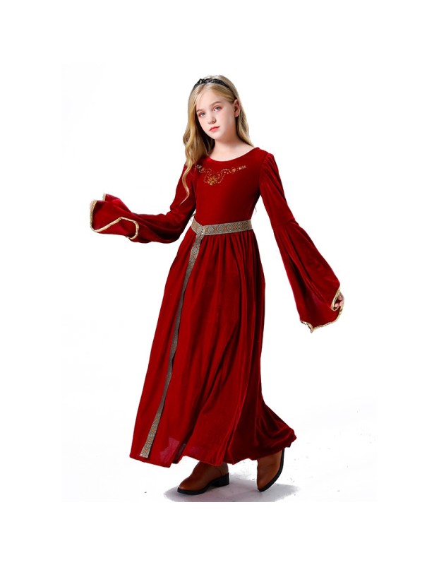 Vintage Court Aristocratic Ball Suede Trumpet Sleeve Girl Dress Drama Clothing YM5605