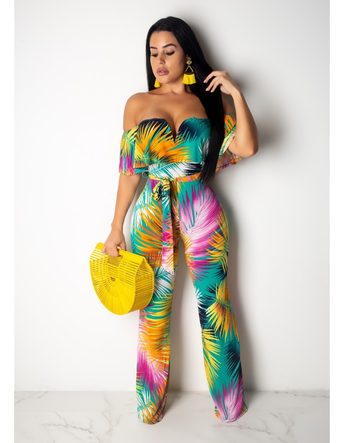 Boho Style Tropical Print Off Shoulder Ruffle Beach Rompers M8420