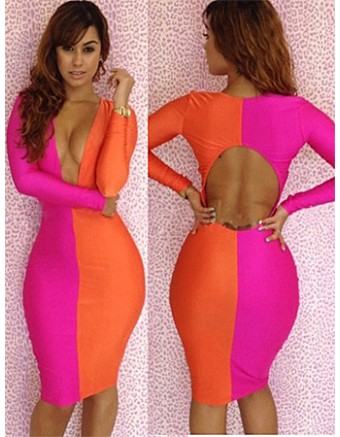 Sexy Club Bodycon Yellow and Rose Cut Out Backless Mini Dress M3608B