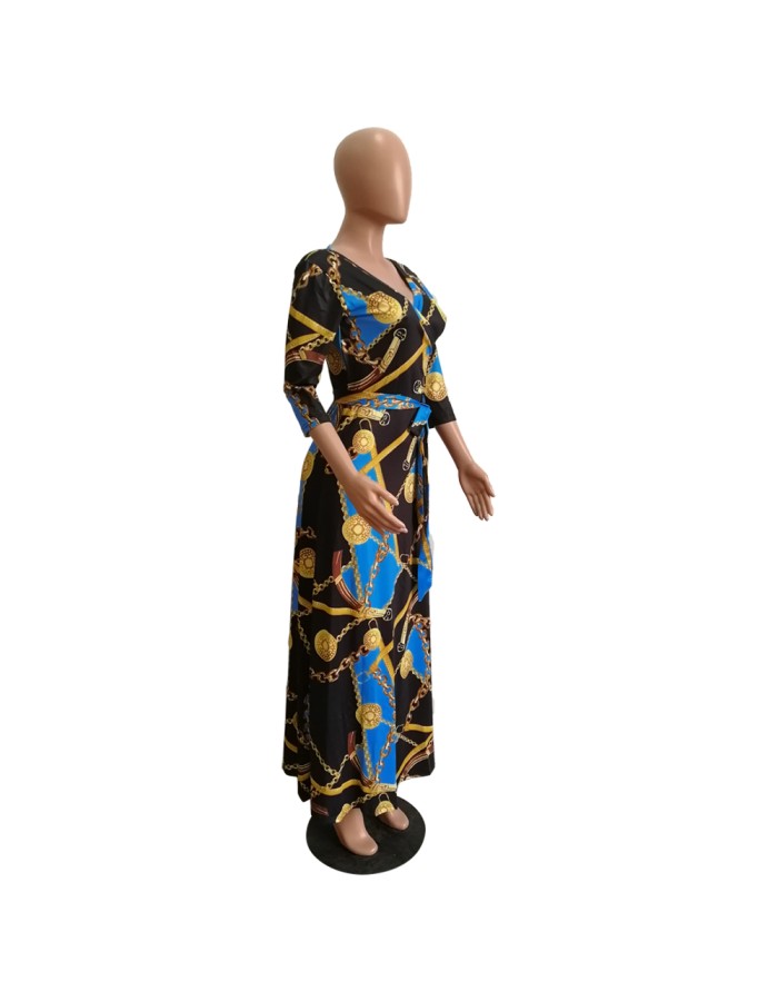 Women V-Neck Half Sleeves Chain Print Maxi Dress M8349