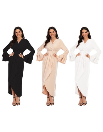 Fashion Ruffled Flared Sleeves Irregular Lace Up Modest Long Dresses Muslim 21410