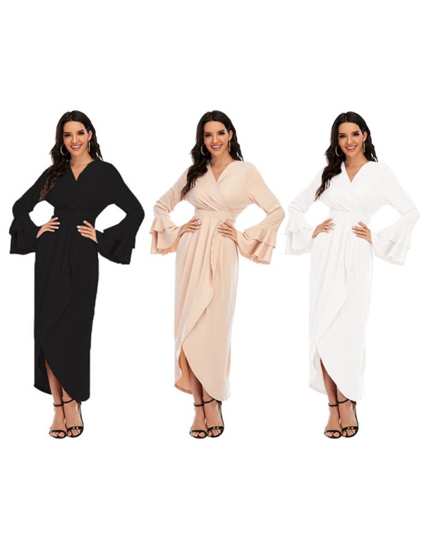Fashion Ruffled Flared Sleeves Irregular Lace Up Modest Long Dresses Muslim 21410