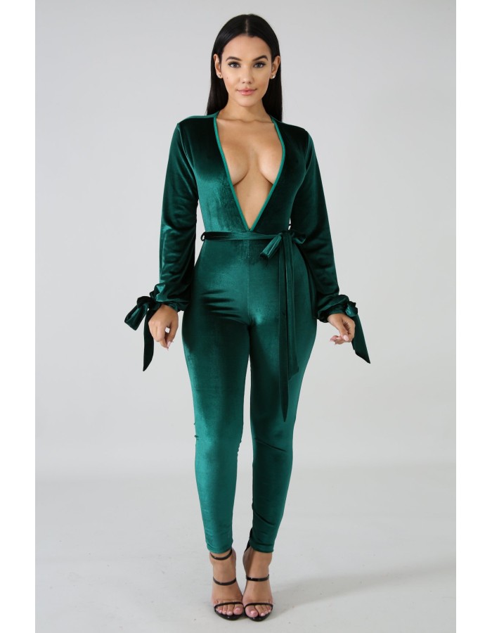 Sexy Jumpsuit Bandage V-neck long-sleeve Velvet sexy backless jumpsuit M8290