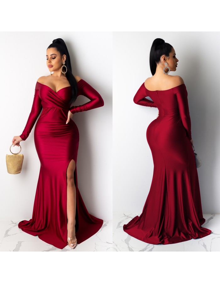 Women High Cut Evening Dress Off-shoulder Sexy Bodycon Dress M19002
