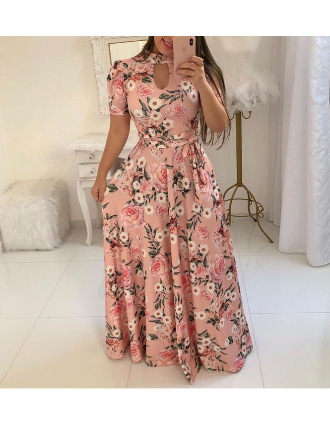 Casual Short Sleeve Long Boho Floral Print Maxi Dress M8410