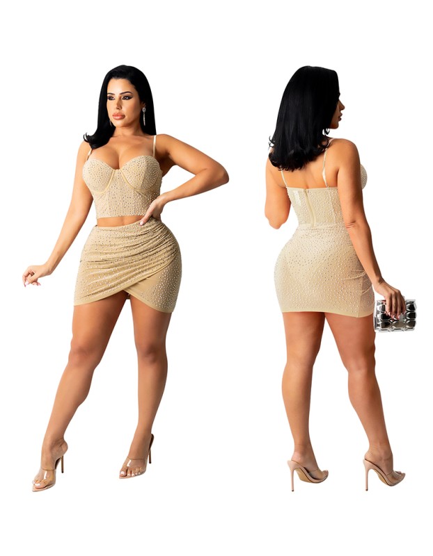 Sexy Gauze Perspective Ironed Drill Halter Belt Waistcoat Skirt Two Set X5260