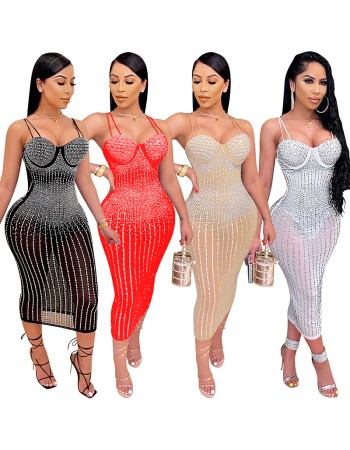 Mesh Club Sexy Diamond Encrusted Halter Womens Dresses X3805