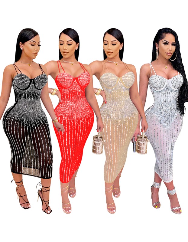 Mesh Club Sexy Diamond Encrusted Halter Womens Dresses X3805