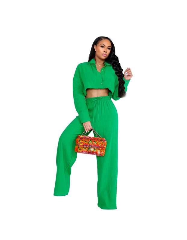 Women's Autumn Simple Solid Color Shirt Wide Leg Straight Pants Casual Suit YM8628