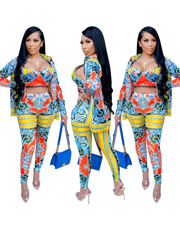 Milk Silk Women Sets Digital Printed Coat Vest Trousers Casual Suit X3690