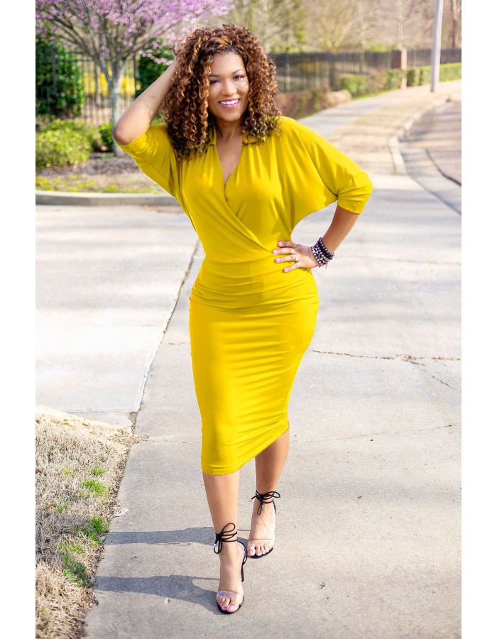 Elegant V Neck Batwing Sleeve Knee Length Bodycon Dress m8385