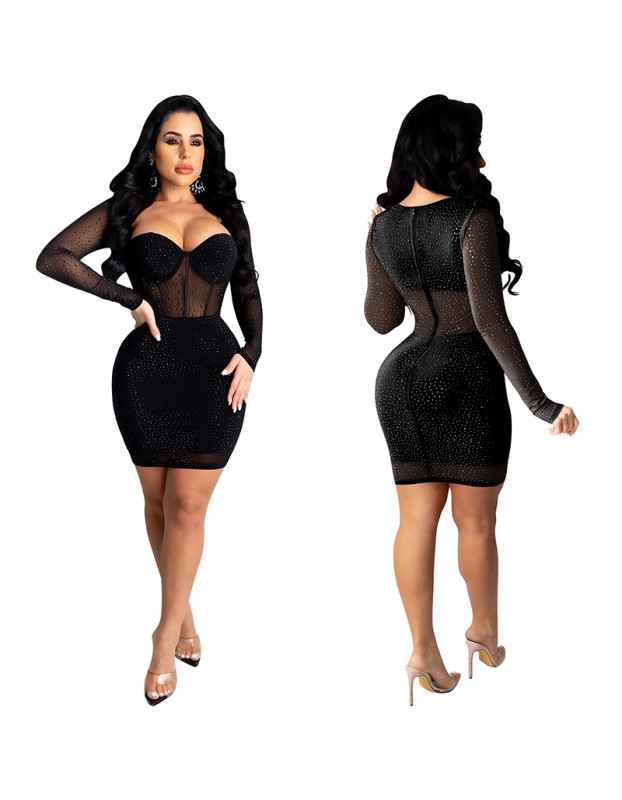 Hot Drilling Perspective Elegant Sexy Long Sleeve Dresses Women X3851