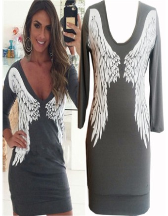 Sexy women gray and white pattern deep V neck midi dress M30020