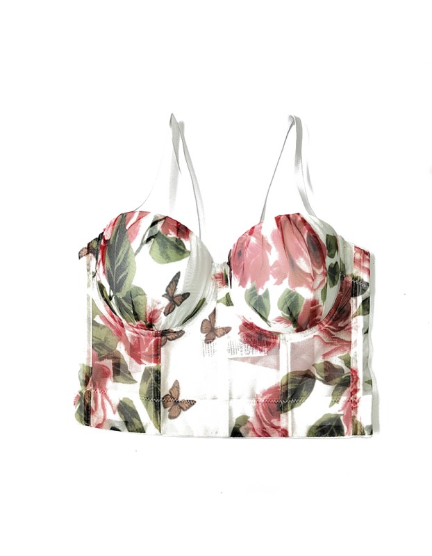 Body Shaping Rose Print Chest Mesh Corset Short Backless Pleated Underwear KN8467