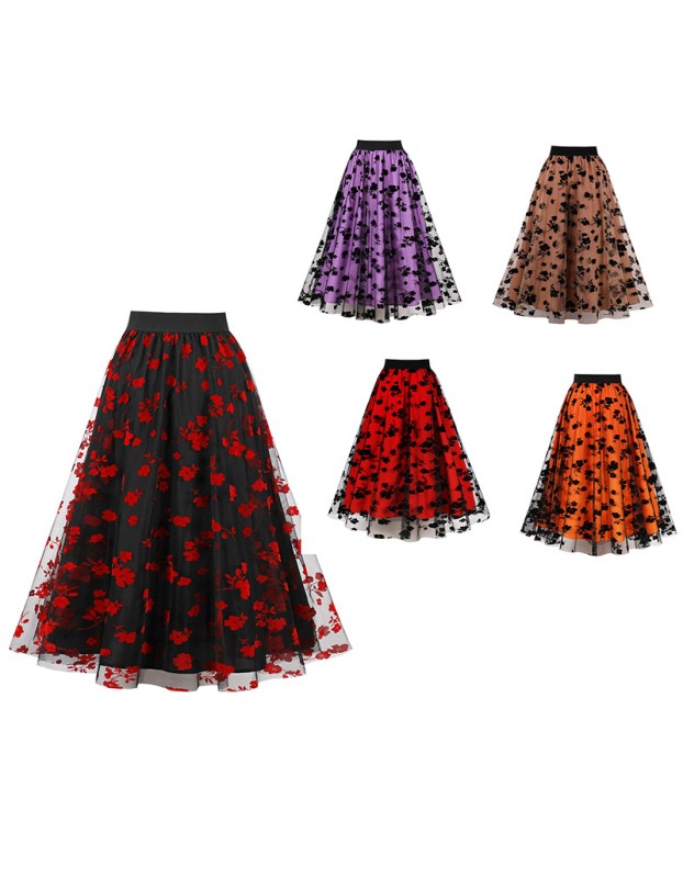 Mesh Double Flocking Floral Skirt With Waist Floral Print Women Full Skirt 5047