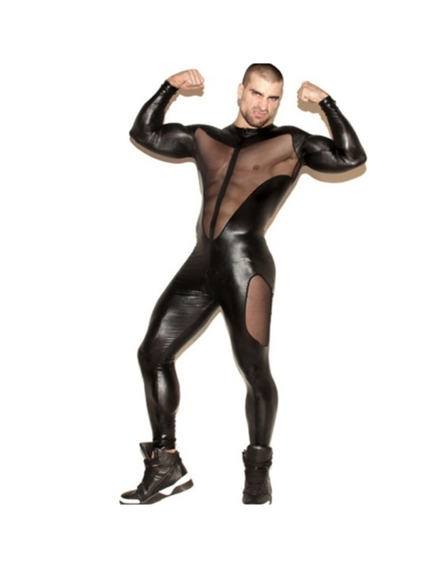 Men's Sexy Mesh Patchwork PVC Leather Bodysuit N972