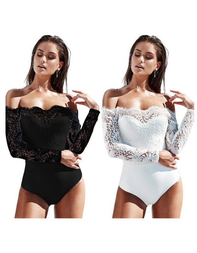 Sexy Off Shoulder Mesh Lace Skinny Bodysuit Top M2147