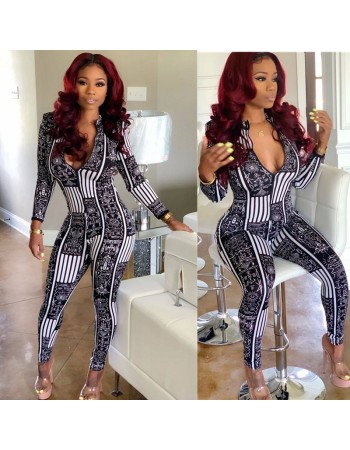 Autumn Long Sleeve Elasticity Skinny Print Vintage Jumpsuit M8486