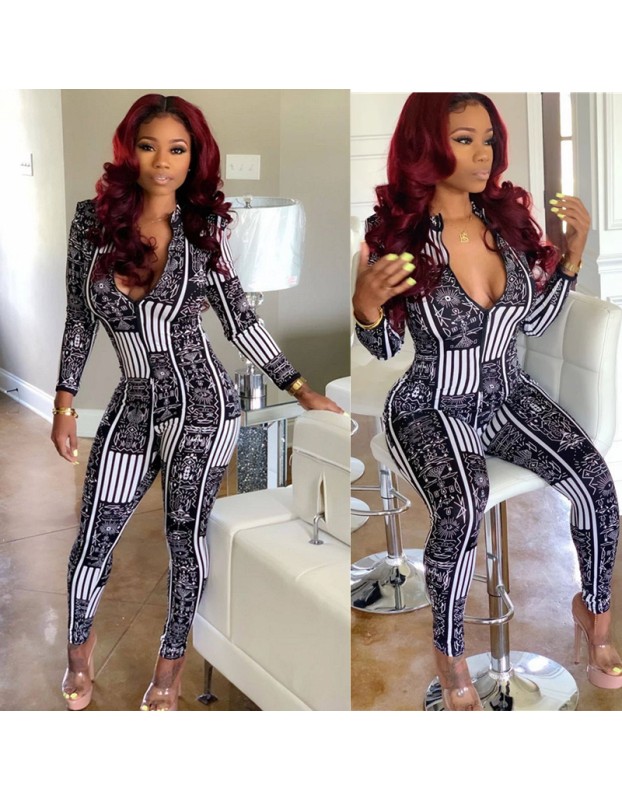 Autumn Long Sleeve Elasticity Skinny Print Vintage Jumpsuit M8486