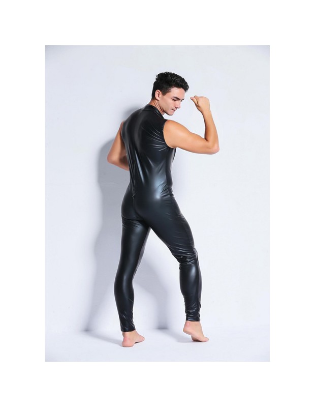 Men Sexy Patent Leather Tight Stage Performance Leather Bar Jumpsuit XX6002