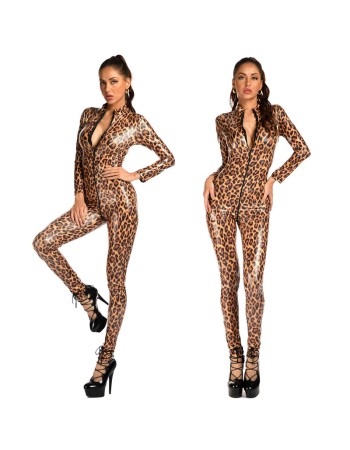 Women Sexy Wetlook Faux Leather Leopard Bodycon Bodysuit XX6801