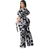Plus Size Short Sleeved Printing Shoulder Two Piece Long Pants Set 8615