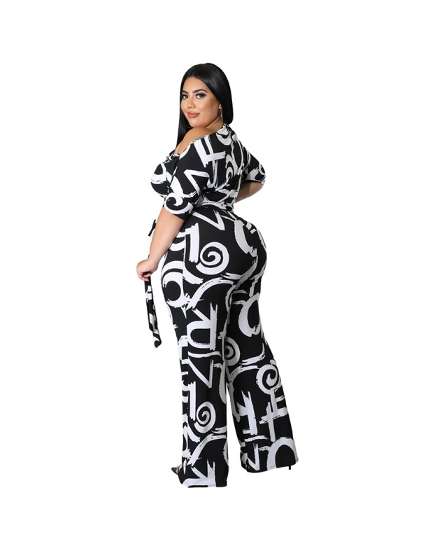 Plus Size Short Sleeved Printing Shoulder Two Piece Long Pants Set 8615