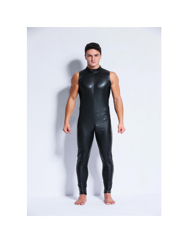 Men Sexy Patent Leather Tight Stage Performance Leather Bar Jumpsuit XX6002