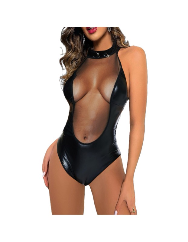 PVC Gauze Perspective Open File Cleavage Sexy Underwear Mesh Jumpsuit YSF438