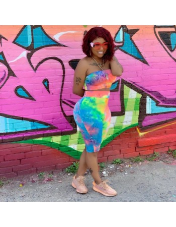 Women Sexy Two Piece Set Colorful Print Tube Top And Knee Length Pants m8418