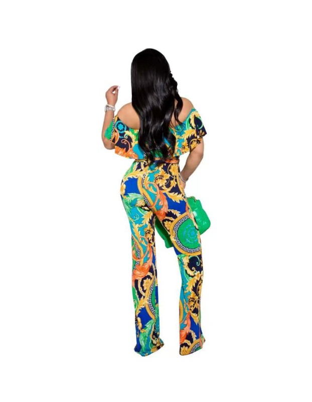 Summer Women Boho Casual Loose Ruffle Off Shoulder Jumpsuit M8605