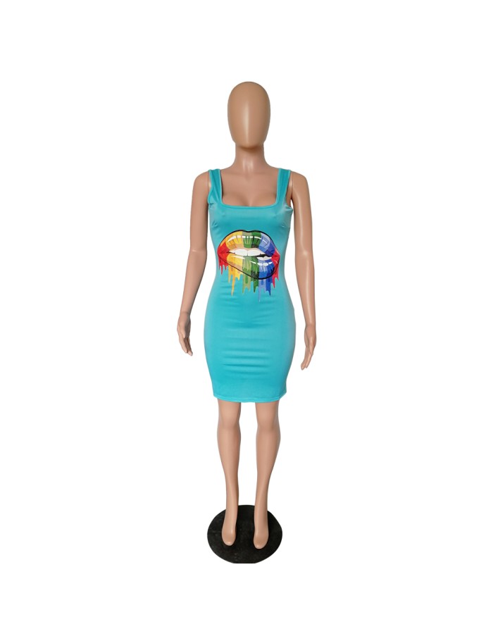 Lips Printed T-Shirt Basic Vest Dress m8441