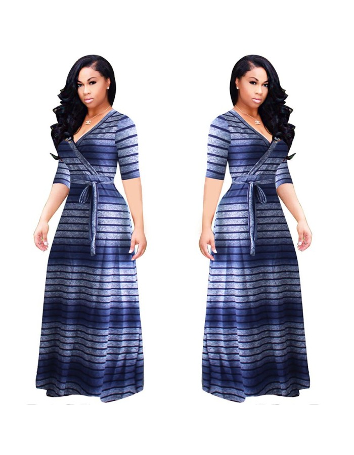 Summer Stripe Printed Swing Maxi Dress Plus Size M8433