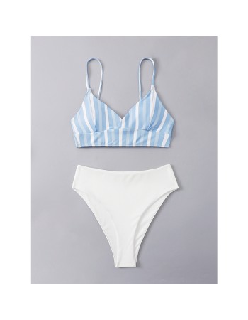 Women Blue White Wtriped Bikini Split Body Strap Swimsuit A2208