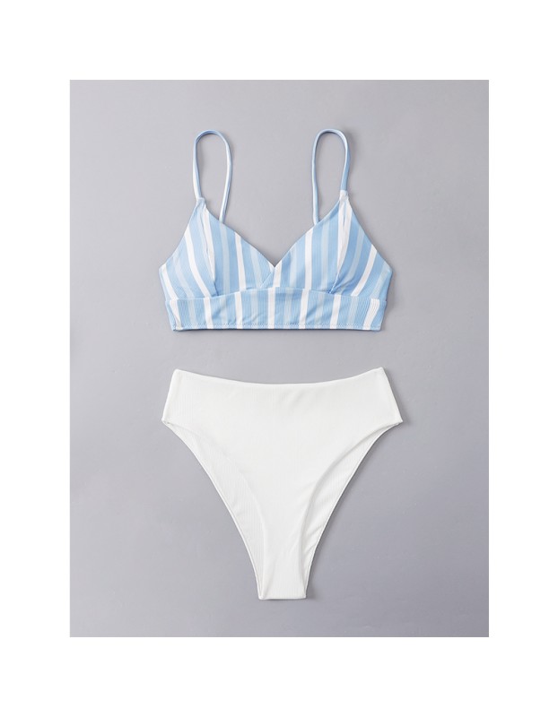 Women Blue White Wtriped Bikini Split Body Strap Swimsuit A2208