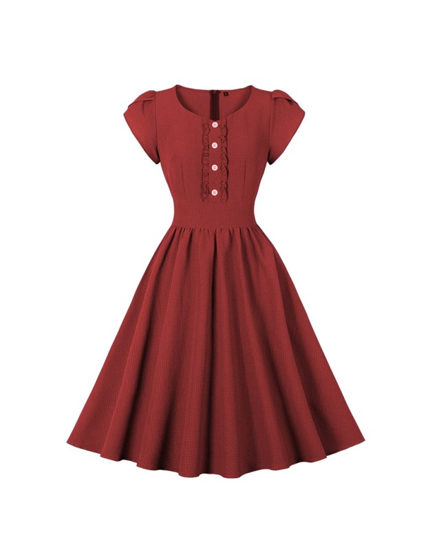Vintage Women Bubble Short Sleeve Button Design Big Swing Mid Length Dress 5043