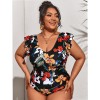 Print Bikini One Piece Swimsuit Plus Size Women Short Sleeve Swimsuit 387