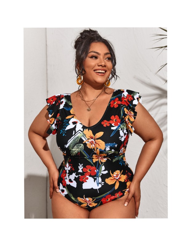Print Bikini One Piece Swimsuit Plus Size Women Short Sleeve Swimsuit 387