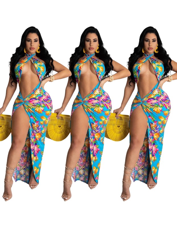 Casual Beach Split Fork Floral Print Backless Maxi Dress M8603