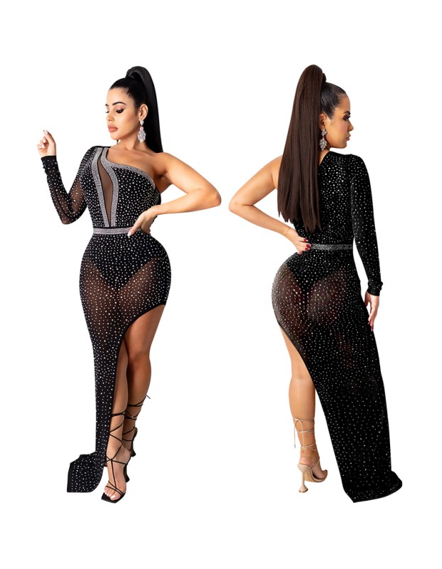 Rhinestone Mesh Women Evening Elegant Single Cuff Sexy Night Dresses X5028