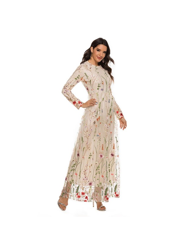 Lace Embroidery Ladies Partyl Dubai Sweet Flower Mesh Dress Women 21002