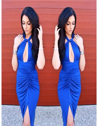 Royal Blue Front Keyhole Crossover Neck Bodycon Dress M30033a