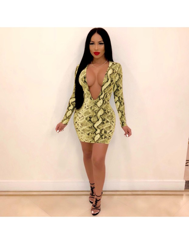 Long Sleeve Snake Print Women Sexy Bodycon Dresses m8337