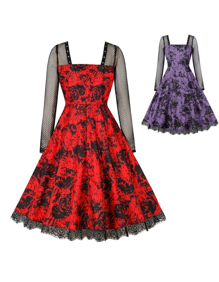 Gothic Mesh Long Sleeves Lace Retro Black Rose Drawing Halloween Dress M5150
